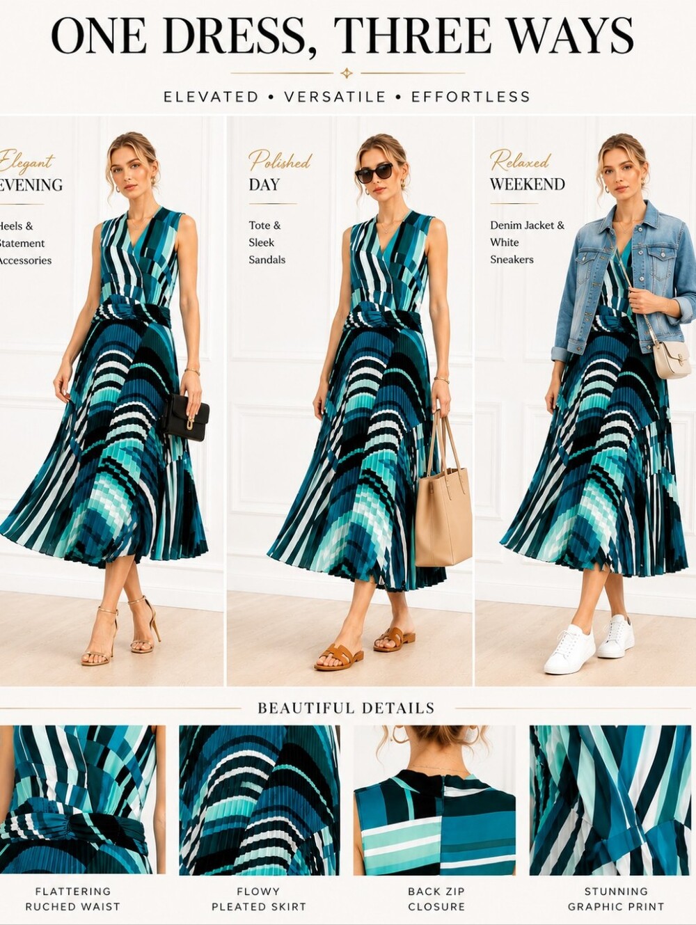 Maison Tara Pleated Faux Wrap Midi Dress | Blue Teal Abstract Print | Size 8 - Picture 4 of 9